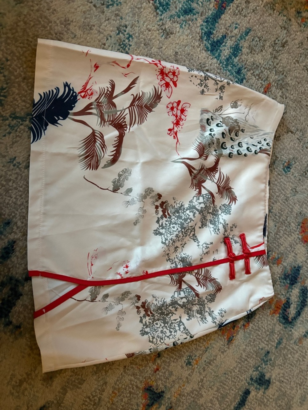 SHEIN White Floral Print Mini Skirt with Red Trim